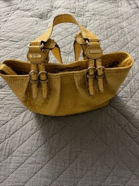 Jessica Simpson Mustard Yellow Croc-Embossed Shoulder Bag with Buckle Straps
